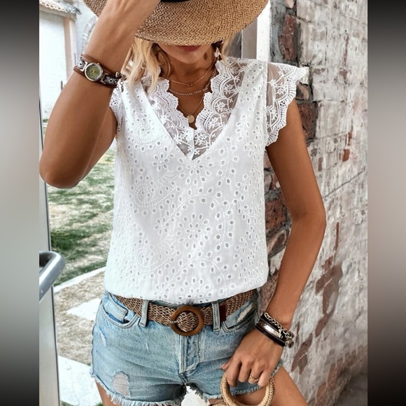 White eyelet Floral Sheer Lace Back Tie Top Blouse Shirt Boho - Picture 4 of 7